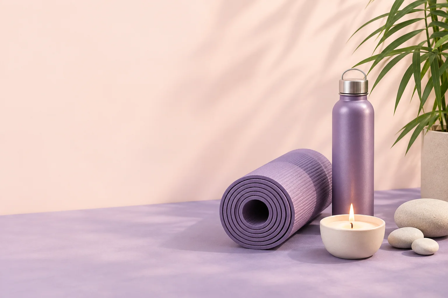 Lavanta yoga matı, su şişesi ve mum